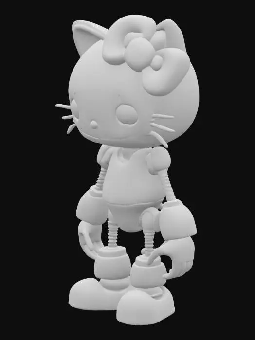 3D model for A creepy animatronic Hello Kitty features a white metal face with visible seams and a cracked, porcelain-like mask, unsettlingly contrasted by glowing red eyes. Her iconic pink bow is twisted and torn. The body comprises old, rusted animatronic parts, revealing wires and prominent joints. Claw-like metal fingers extend from her limbs. She maintains a slightly hunched, unnerving posture.