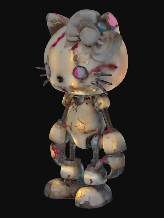 3D model for A creepy animatronic Hello Kitty features a white metal face with visible seams and a cracked, porcelain-like mask, unsettlingly contrasted by glowing red eyes. Her iconic pink bow is twisted and torn. The body comprises old, rusted animatronic parts, revealing wires and prominent joints. Claw-like metal fingers extend from her limbs. She maintains a slightly hunched, unnerving posture.