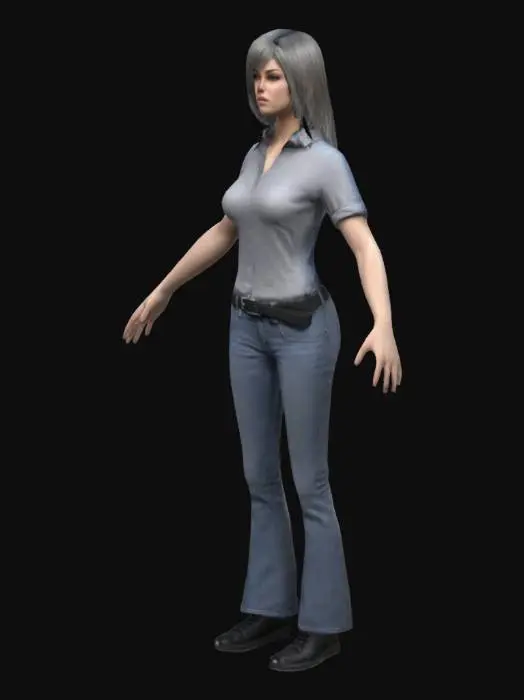 3D model for tall Woman with short hair blue jeans and gray shirt and black shoe , Highly Detailed, Ultra Realistic, Body, A-pose, Full Body, ARMS AWAY FROM THE BODY , detailed face , no hair , no fur , game , no gun , no gun holder , belt ,no coat 