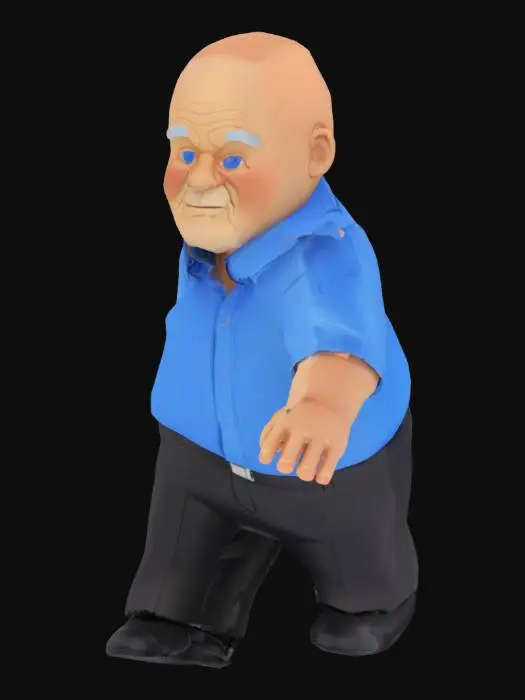 3D model for A stylized 3D character of an elderly bald man with a white beard and blue eyes, wearing a short-sleeve blue button-up shirt, black pants, and black shoes. The character has a large head and small body like a blind box collectible figure. The character is standing in a neutral T-pose with both arms stretched out horizontally to the sides. The face is friendly and expressive. Cartoon-like proportions, clean geometry, no background.