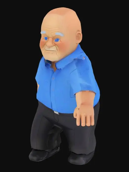 3D model for A stylized 3D character of an elderly bald man with a white beard and blue eyes, wearing a short-sleeve blue button-up shirt, black pants, and black shoes. The character has a large head and small body like a blind box collectible figure. The character is standing in a neutral T-pose with both arms stretched out horizontally to the sides. The face is friendly and expressive. Cartoon-like proportions, clean geometry, no background.