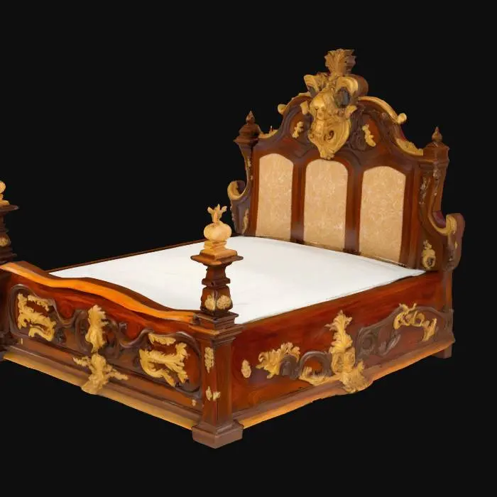 3D model for a big  baroque oakwood bed with sculptures, highli detailed and simmetrical