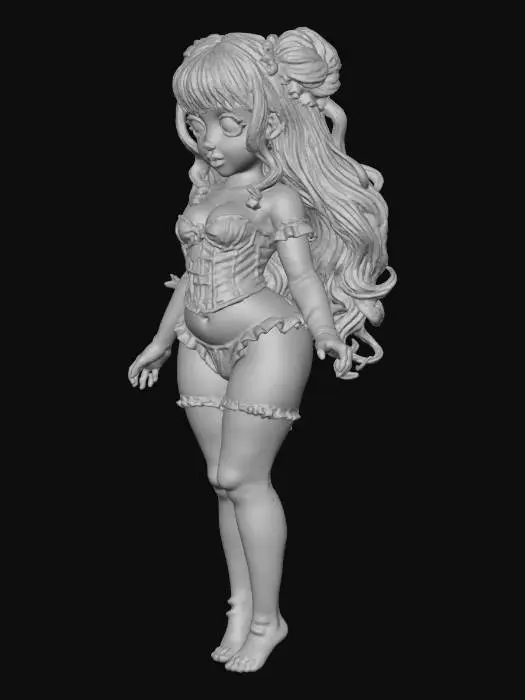 3D model for The image shows a doll with long blonde hair styled in twin buns, wearing a purple corset and matching lingerie. The doll is standing on a gold-colored base against a plain background.