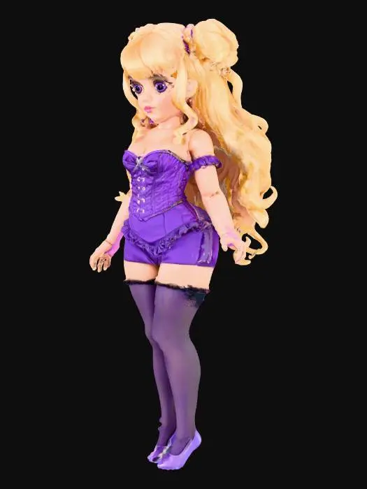 3D model for The image shows a doll with long blonde hair styled in twin buns, wearing a purple corset and matching lingerie. The doll is standing on a gold-colored base against a plain background.