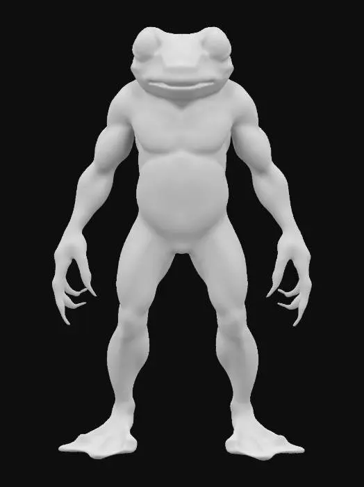 3D model for Scary humanoid frog like creature with hearth outside the body,, Stylized, Game Assets, Fantasy, Highly Detailed, Polished, A-pose, Full Body, Symmetrical Body