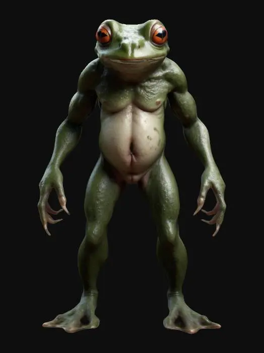 3D model for Scary humanoid frog like creature with hearth outside the body,, Stylized, Game Assets, Fantasy, Highly Detailed, Polished, A-pose, Full Body, Symmetrical Body