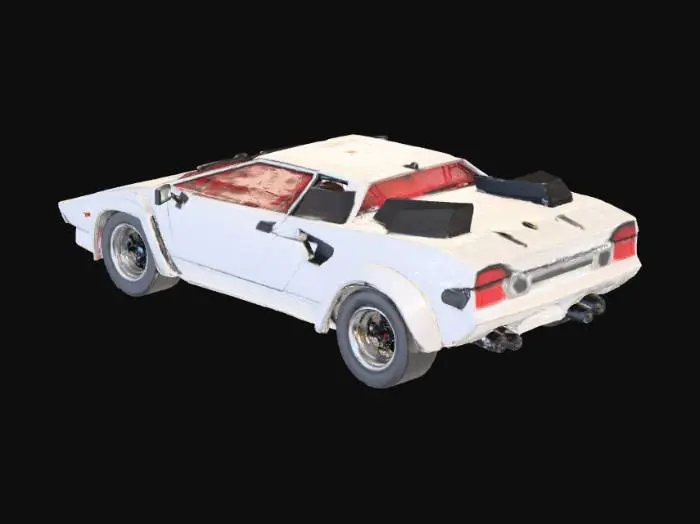 3D model for "Lamborghini Countach retro sports car, 80s design, pop-up headlights, wedge shape, low poly style, white body with red interior"