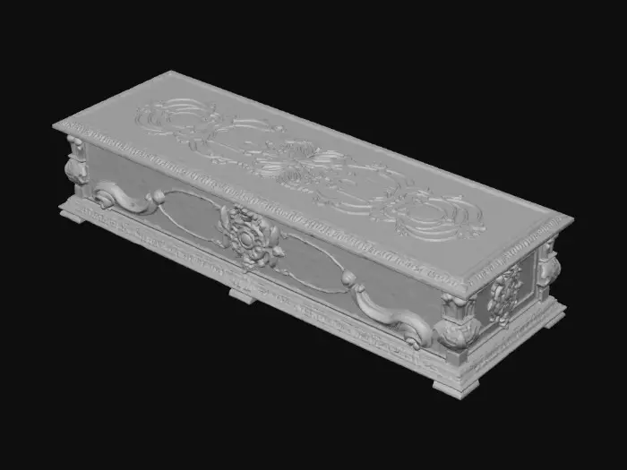 3D model for A highly detailed black coffin with a gothic design, delicate intricate detailing on the outside, realistic shape of a closed coffin. More costume than functional. There’s a very subtle cyber vibe to it. , #Halloween2025#