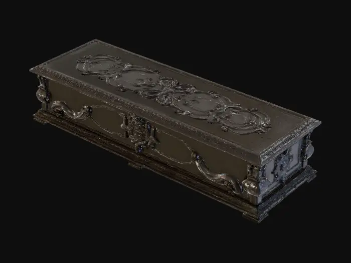 3D model for A highly detailed black coffin with a gothic design, delicate intricate detailing on the outside, realistic shape of a closed coffin. More costume than functional. There’s a very subtle cyber vibe to it. , #Halloween2025#