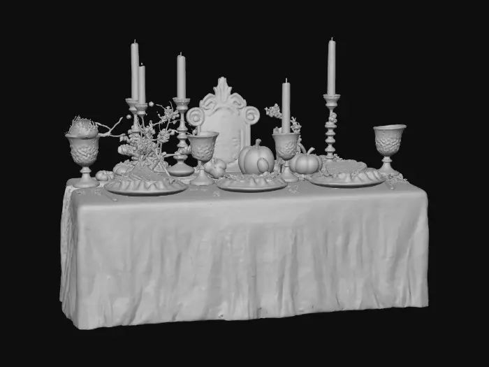 3D model for A table with a Halloween/horror themed feast setting. Gothic, candles, gore, bones, elaborate meals made of creepy things if you look too closely. Highly detailed and textured. Skull chalices. , #Halloween2025#