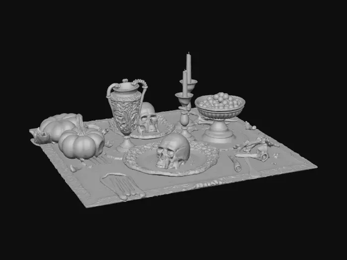 3D model for A table with a Halloween/horror themed feast setting. Gothic, candles, gore, bones, elaborate meals made of creepy things if you look too closely. Highly detailed and textured. Skull chalices. , #Halloween2025#