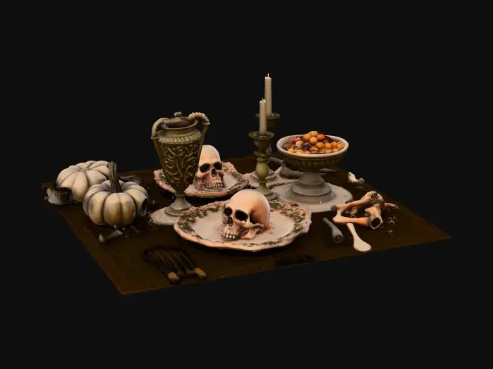 3D model for A table with a Halloween/horror themed feast setting. Gothic, candles, gore, bones, elaborate meals made of creepy things if you look too closely. Highly detailed and textured. Skull chalices. , #Halloween2025#