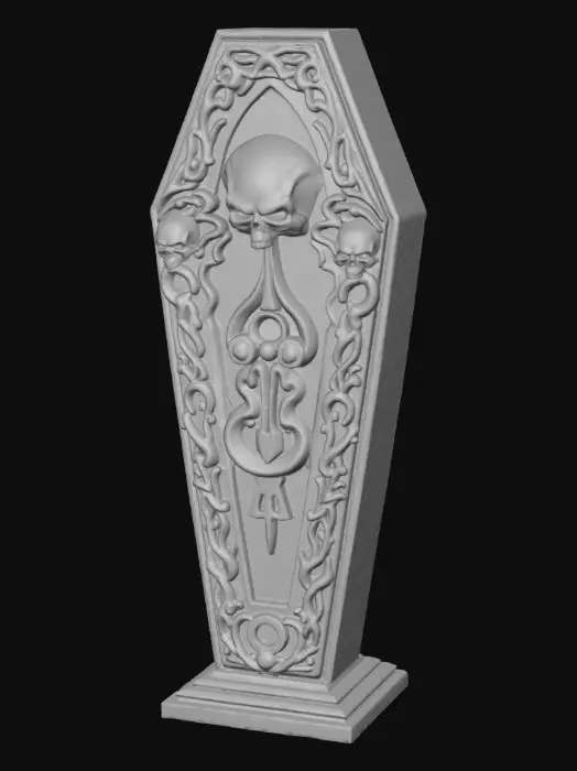 3D model for A highly detailed black coffin with a gothic design, delicate intricate detailing on the outside, realistic shape of a closed coffin. More costume than functional. There’s a very subtle cyber vibe to it. , #Halloween2025#
