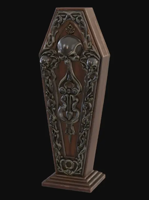 3D model for A highly detailed black coffin with a gothic design, delicate intricate detailing on the outside, realistic shape of a closed coffin. More costume than functional. There’s a very subtle cyber vibe to it. , #Halloween2025#