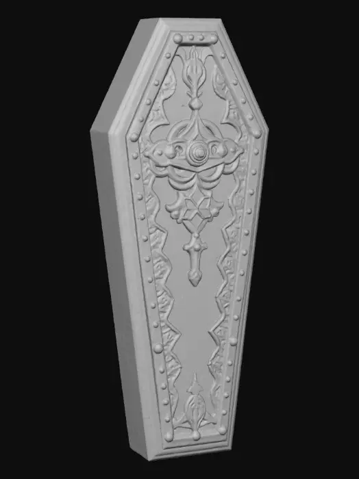 3D model for A highly detailed black coffin with a gothic design, delicate intricate detailing on the outside, realistic shape of a closed coffin. More costume than functional. There’s a very subtle cyber vibe to it. , #Halloween2025#