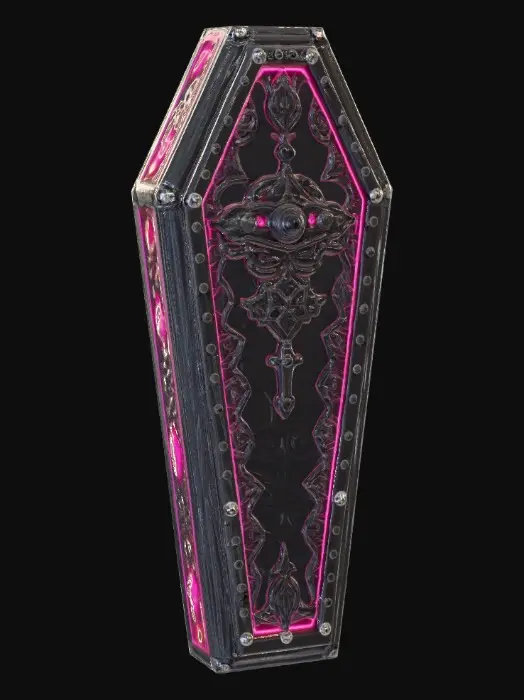 3D model for A highly detailed black coffin with a gothic design, delicate intricate detailing on the outside, realistic shape of a closed coffin. More costume than functional. There’s a very subtle cyber vibe to it. , #Halloween2025#