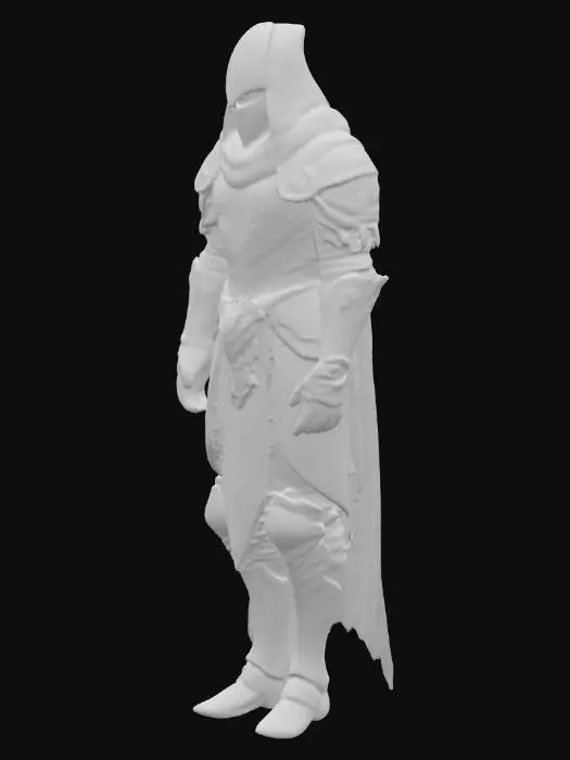 3D model for Concept art of a Psychic Knight, full body of practical geo-metallic armor, weathered and battle-worn. A large glowing crystalline heart-core is embedded in his chestplate. Glowing blue runes are etched on the armor plates. A tattered grey cloak covers one shoulder. Concealed face under a hood and helmet. Soulslimke, hyper-realistic, unreal engine 5.