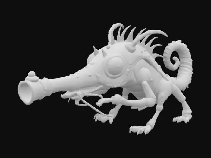 3D model for a whimsical, bio-mechanical gun-creature in the silhouette of a machinegun, merging Tim Burton's quirky charm, Dr. Seuss's playful whimsy, H.R. Giger's intricate designs, and Guillermo del Toro's dark fantasy. This creature should feature gothic elements and steampunk aesthetics, with expressive eyes and a gun-barrel-like mouth, embodying a living cartoon vibe. It should maintain practical functionality as a firearm while being uniquely imaginative and vibrant in character. Highly Detailed