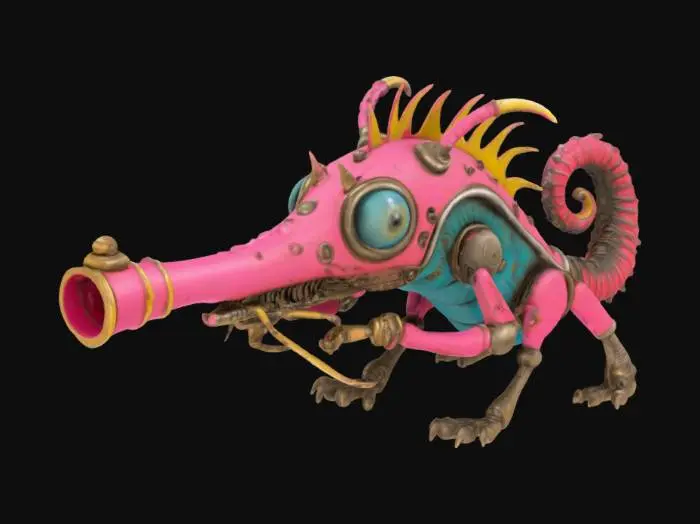 3D model for a whimsical, bio-mechanical gun-creature in the silhouette of a machinegun, merging Tim Burton's quirky charm, Dr. Seuss's playful whimsy, H.R. Giger's intricate designs, and Guillermo del Toro's dark fantasy. This creature should feature gothic elements and steampunk aesthetics, with expressive eyes and a gun-barrel-like mouth, embodying a living cartoon vibe. It should maintain practical functionality as a firearm while being uniquely imaginative and vibrant in character. Highly Detailed