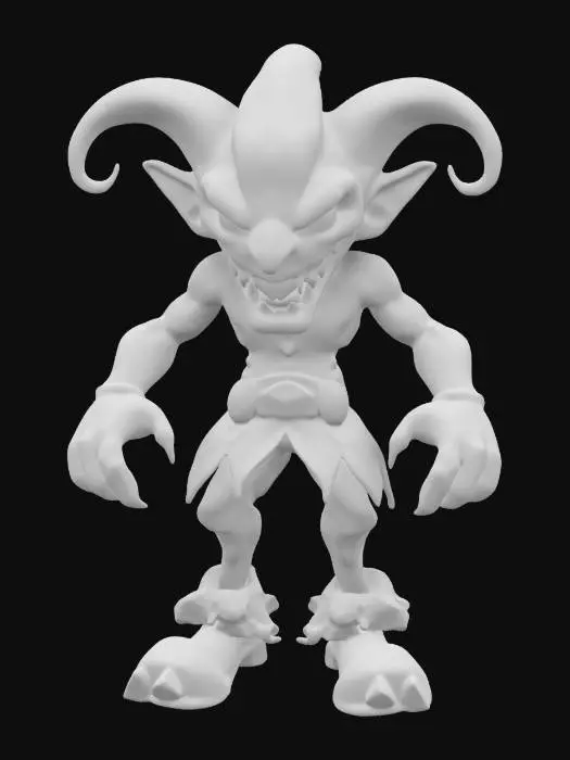 3D model for a 6.5-inch action figure of an evil clown named Jester Malice. He has a slightly oversized, grotesque head with a neon color palette of green, purple, and yellow, large swirling eyes, and a jagged grin with sharp teeth. His costume is half bright, adorned with smiling skulls and half dark like a straitjacket. Muscular arms with claw-like hands, one oversized floppy foot, and a spiked boot. Intricate hyper-detailed cartoon style with a pop surrealism influence.