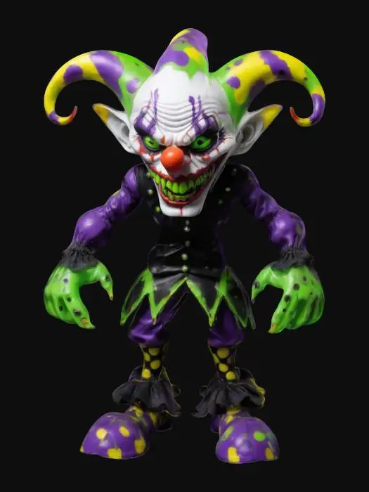 3D model for a 6.5-inch action figure of an evil clown named Jester Malice. He has a slightly oversized, grotesque head with a neon color palette of green, purple, and yellow, large swirling eyes, and a jagged grin with sharp teeth. His costume is half bright, adorned with smiling skulls and half dark like a straitjacket. Muscular arms with claw-like hands, one oversized floppy foot, and a spiked boot. Intricate hyper-detailed cartoon style with a pop surrealism influence.