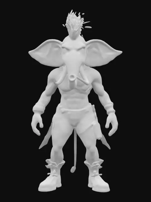 3D model for Create a 3D model of "Elektra Thundertrunk", a punk-inspired female elephant warrior action figure. She has a muscular, curvaceous body covered in textured skin with tribal markings. Her head features oversized expressive eyes and a large articulated trunk, topped with a wild mohawk. Dressed in a tattered leather harness with spikes, cargo shorts, and combat boots, the color palette includes vibrant electric teal, neon pink, and shimmering gold.