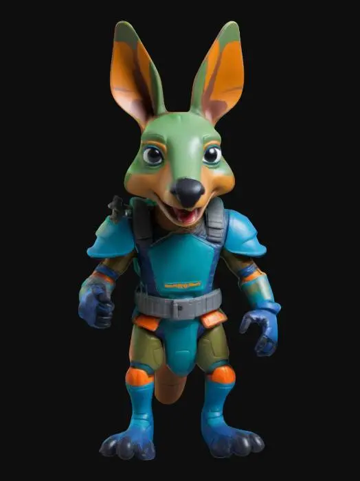 3D model for Create a 6.5-inch action figure of "Roo Rocket," a dynamic kangaroo warrior inspired by '80s and '90s action figures. He features an oversized head with expressive eyes and a wide grin. His muscular body showcases rugged, colorful armor and streetwear, blending earthy tones with vibrant blues and greens. The design reflects a crude, hyper-detailed cartoon style influenced by pop surrealism, exuding energy and playfulness.