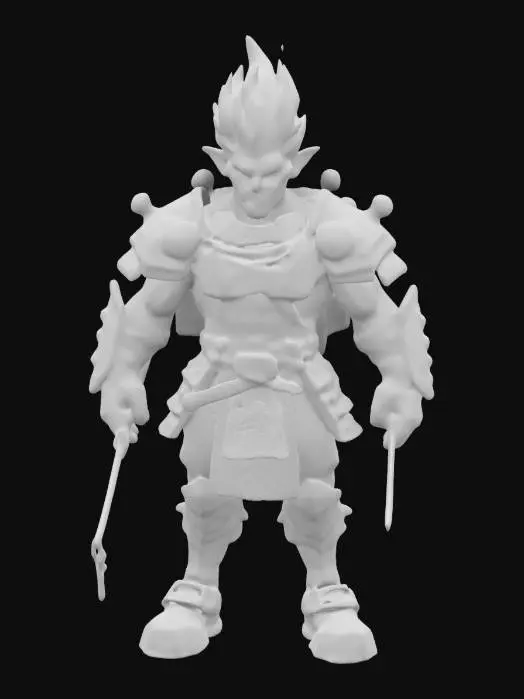 3D model for a hyper-detailed cartoon-style action figure named "Cyber Shogun Rumble." He has exaggerated muscular proportions with grotesque features, oversized expressive eyes, and spiky flame-like hair. Outfit him in a blend of traditional samurai armor and punk elements with intricate engravings. Include a katana with a holographic blade, a mechanical backpack, and vibrant colors like electric blues, neon greens, and fiery oranges.