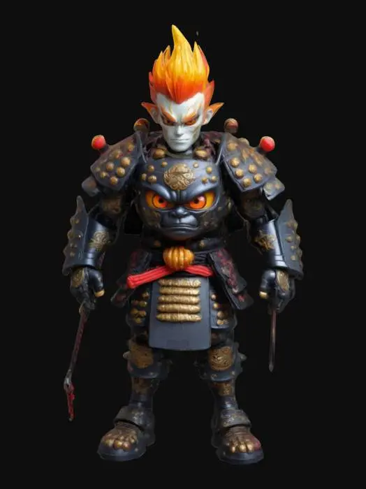3D model for a hyper-detailed cartoon-style action figure named "Cyber Shogun Rumble." He has exaggerated muscular proportions with grotesque features, oversized expressive eyes, and spiky flame-like hair. Outfit him in a blend of traditional samurai armor and punk elements with intricate engravings. Include a katana with a holographic blade, a mechanical backpack, and vibrant colors like electric blues, neon greens, and fiery oranges.