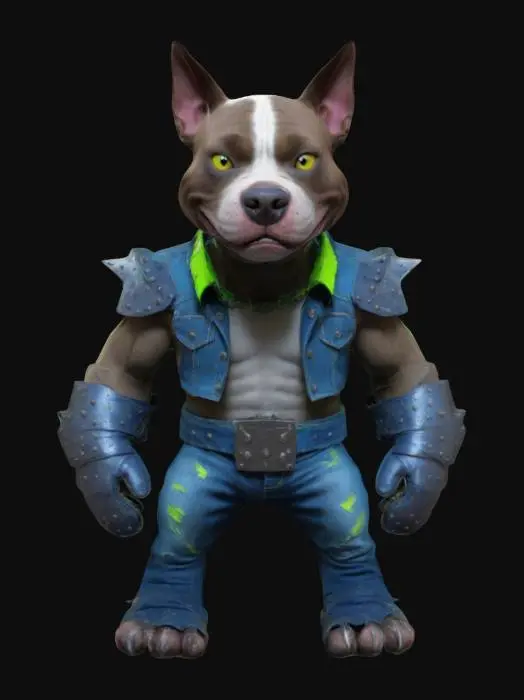 3D model for a 3D model of “Ripper, the Underdog Warrior,” a muscular pitbull dog with exaggerated features like a large head and oversized expressive eyes. He wears DIY street armor, including ripped denim and a spiked collar, with bold colors like electric blue and neon green. His tail is animated, and he has a mini ferret sidekick with cartoonish details. Make the style hyper-detailed and crude, influenced by 90’s pop surrealism.