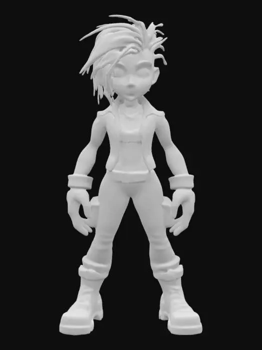 3D model for a badass female character named Riot Rumble, inspired by 80's and 90's action figures. She has a wild, multi-colored Mohawk (hot pink with electric blue tips) and exaggerated large eyes. Her muscular build features a ripped leather vest adorned with patches, and slightly baggy cargo pants with graffiti. Her combat boots are chunky with vibrant laces. Visible tattoos cover her bare arms, showcasing her tough persona. Aim for a crude, hyper-detailed cartoon style with pop surrealism influence.