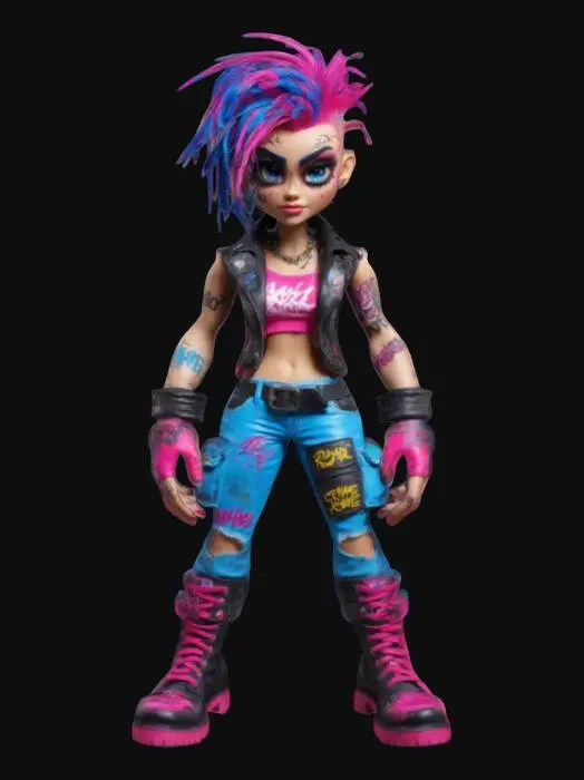 3D model for a badass female character named Riot Rumble, inspired by 80's and 90's action figures. She has a wild, multi-colored Mohawk (hot pink with electric blue tips) and exaggerated large eyes. Her muscular build features a ripped leather vest adorned with patches, and slightly baggy cargo pants with graffiti. Her combat boots are chunky with vibrant laces. Visible tattoos cover her bare arms, showcasing her tough persona. Aim for a crude, hyper-detailed cartoon style with pop surrealism influence.