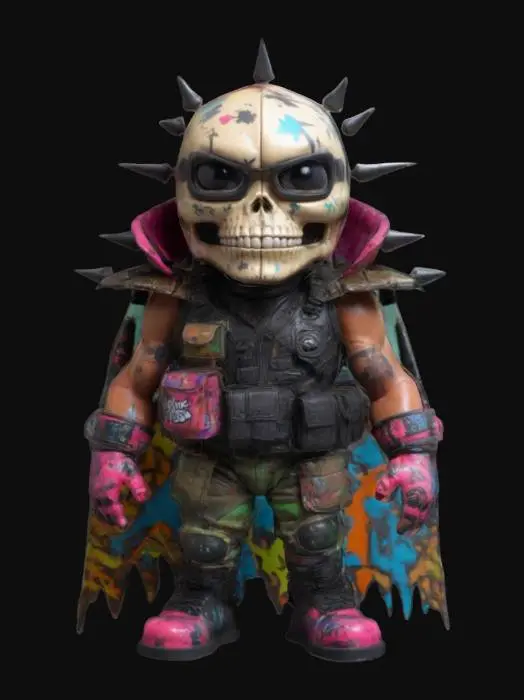 3D model for a 3D model of a 6.5-inch action figure named "Krash Korpse" with a stocky, muscular frame inspired by 80s and 90s action figures. His head is large and skull-like with oversized, expressive eyes and a mischievous grin. Dress him in patchwork tactical gear with spikes and graffiti-style art. Include a vibrant, tattered cape. The art style should be crude, hyper-detailed, and reflect pop surrealism, blending Jamie Hewlett and Todd McFarlane's influences.