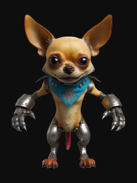 3D model for a badass anthropomorphic Chihuahua with a fierce expression and a spiky collar. His physique should be lean and muscular. The character has robotic arms that are polished metal with intricate engravings, featuring articulated joints and powerful claws. His fur is a mix of vibrant colors, and he wears a bandana stylishly around his neck. Emphasize a hyper-detailed, cartoonish style that captures both his fierceness and playful charm, merging elements of pop surrealism.