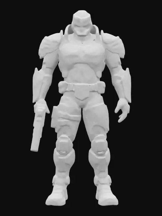 3D model for a futuristic Judge Dredd character set in 2099, preserving his iconic look while adding realistic military elements. Design a sleek, angular helmet with an integrated smart visor, and armor combining ballistic and exoskeletal materials. Include tactical features like a fitted combat shirt with utility pockets, a reimagined gold eagle emblem, heavy-duty boots with shock absorption, and a high-tech utility belt. Update the Lawgiver to a modular design for customizable ammunition.