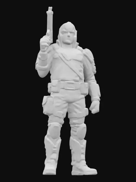 3D model for a futuristic Judge Dredd character set in 2099, preserving his iconic look while adding realistic military elements. Design a sleek, angular helmet with an integrated smart visor, and armor combining ballistic and exoskeletal materials. Include tactical features like a fitted combat shirt with utility pockets, a reimagined gold eagle emblem, heavy-duty boots with shock absorption, and a high-tech utility belt. Update the Lawgiver to a modular design for customizable ammunition.
