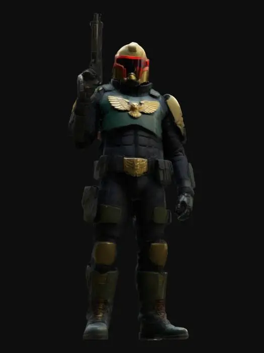 3D model for a futuristic Judge Dredd character set in 2099, preserving his iconic look while adding realistic military elements. Design a sleek, angular helmet with an integrated smart visor, and armor combining ballistic and exoskeletal materials. Include tactical features like a fitted combat shirt with utility pockets, a reimagined gold eagle emblem, heavy-duty boots with shock absorption, and a high-tech utility belt. Update the Lawgiver to a modular design for customizable ammunition.