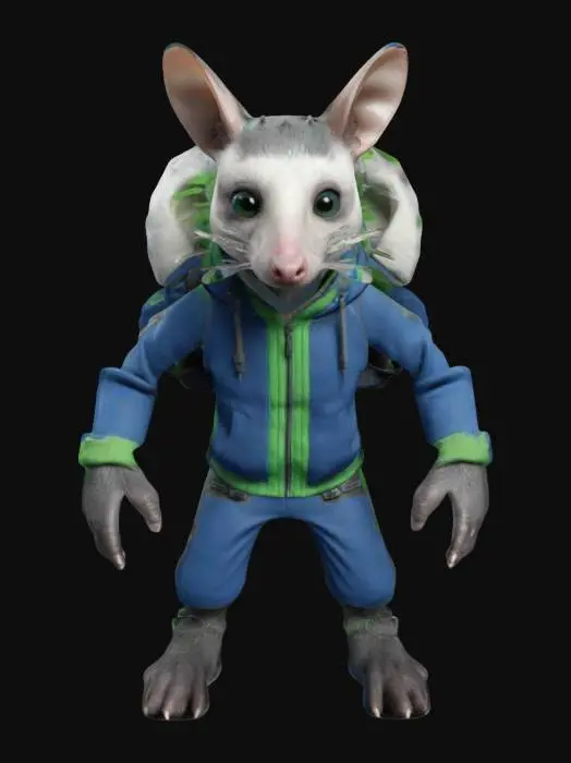 3D model for Highly Detailed, Ultra Realistic, a 3D model of an anthropomorphic opossum character in an A-pose. He has a sleek, athletic body with a modern, streamlined jetpack featuring vibrant blue and green accents. His fur is gray with white patches, and his expressive, larger eyes have a playful glint. Add a stylish hoodie with bright colors and a trendy design, alongside flexible armored gauntlets and sneakers. Enhance his tail with mechanical elements. #game figure#
