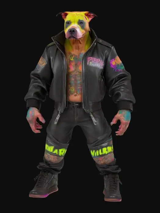 3D model for a mutant pitbull-human hybrid with exaggerated canine features, including broad shoulders and muscular limbs. He should have oversized paws and a wild, vibrant array of jailhouse tattoos. His outfit consists of a futuristic leather bomber jacket featuring neon accents and a pair of Yeezy's. Overall, his look should balance comic book action with pop surrealism, highlighting his colorful personality., inspired by the works of Jamie Hewlett and Mark Taylor., A-pose, Highly Detailed