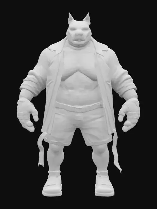 3D model for a mutant pitbull-human hybrid with exaggerated canine features, including broad shoulders and muscular limbs. He should have oversized paws and a wild, vibrant array of jailhouse tattoos. His outfit consists of a futuristic leather bomber jacket featuring neon accents and a pair of Yeezy's. Overall, his look should balance comic book action with pop surrealism, highlighting his colorful personality., inspired by the works of Jamie Hewlett and Mark Taylor., A-pose, Highly Detailed