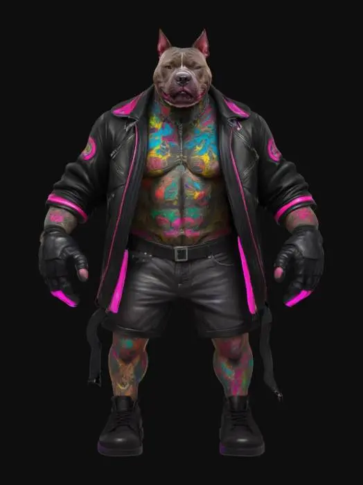 3D model for a mutant pitbull-human hybrid with exaggerated canine features, including broad shoulders and muscular limbs. He should have oversized paws and a wild, vibrant array of jailhouse tattoos. His outfit consists of a futuristic leather bomber jacket featuring neon accents and a pair of Yeezy's. Overall, his look should balance comic book action with pop surrealism, highlighting his colorful personality., inspired by the works of Jamie Hewlett and Mark Taylor., A-pose, Highly Detailed