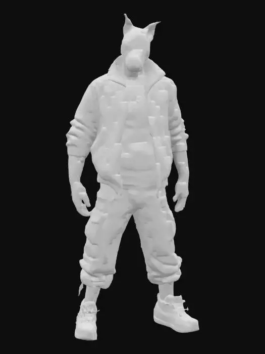 3D model for a mutant pitbull-human hybrid with exaggerated canine features, including broad shoulders and muscular limbs. He should have oversized paws and a wild, vibrant array of jailhouse tattoos. His outfit consists of a futuristic leather bomber jacket featuring neon accents and a pair of Yeezy's. Overall, his look should balance comic book action with pop surrealism, highlighting his colorful personality., inspired by the works of Jamie Hewlett and Mark Taylor., A-pose, Highly Detailed, Stylized