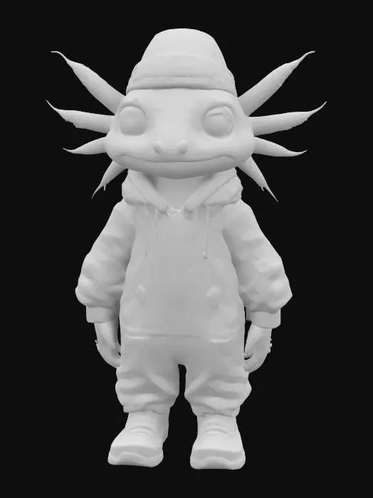 3D model for a highly detailed 3D character model of an anthropomorphic axolotl, inspired by 80's action figures and 90's edgy cartoons. The character should have a vibrant, elongated body in bubblegum pink and electric turquoise, featuring playful marbling patterns. Include oversized, luminescent eyes and feathery gills resembling a punk hairstyle. Outfit the character in a form-fitting retro jumpsuit with graffiti-style art, chunky glittery sneakers, and a slouchy beanie for a unique, stylish look.