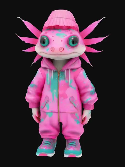 3D model for a highly detailed 3D character model of an anthropomorphic axolotl, inspired by 80's action figures and 90's edgy cartoons. The character should have a vibrant, elongated body in bubblegum pink and electric turquoise, featuring playful marbling patterns. Include oversized, luminescent eyes and feathery gills resembling a punk hairstyle. Outfit the character in a form-fitting retro jumpsuit with graffiti-style art, chunky glittery sneakers, and a slouchy beanie for a unique, stylish look.