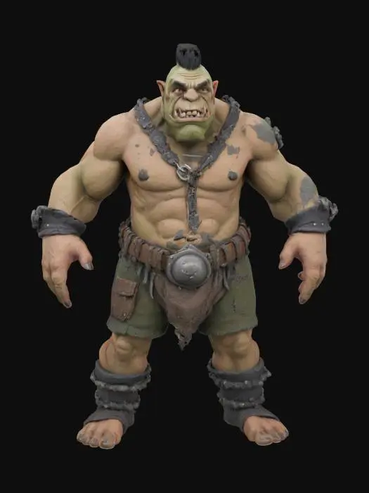 3D model for a full-body 3D model of an orc in a Claymation style, focusing on a dark and gritty aesthetic. The orc should be posed in an A-pose, showcasing exaggerated features typical of clay figures, including oversized muscles, distinct facial expressions, and textured clay-like surfaces. Incorporate details such as rugged clothing and accessories that reflect the quirky charm of the dark world, ensuring the model is suitable for animation and retains a playful yet menacing vibe.