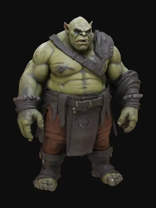 3D model for a full-body 3D model of an orc in a Claymation style inspired by Gary Platner, focusing on a dark and gritty aesthetic. The orc should be stood in an A-pose, showcase exaggerated features typical of clay figures, including oversized muscles, distinct facial expressions, and textured clay-like surfaces. With details such as rugged clothing and accessories that reflect the quirky charm of the dark world, ensuring the model is suitable for animation and retains a menacing vibe. Irregular, Rough