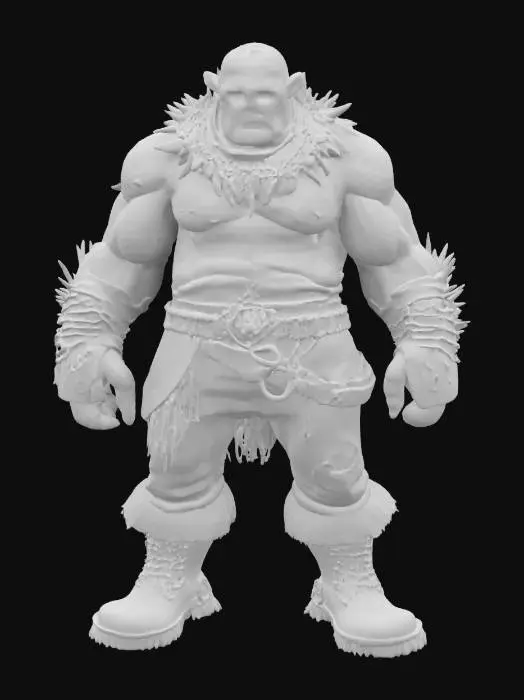 3D model for a full-body 3D model of an orc in a Claymation style inspired by Gary Platner, focusing on a dark and gritty aesthetic. The orc should be stood in an A-pose, showcase exaggerated features typical of clay figures, including oversized muscles, distinct facial expressions, and textured clay-like surfaces. With details such as rugged clothing and accessories that reflect the quirky charm of the dark world, ensuring the model is suitable for animation and retains a menacing vibe. Irregular, Rough