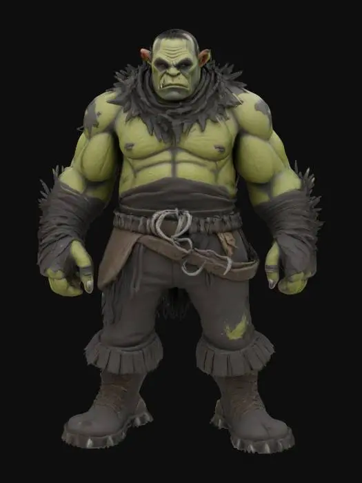 3D model for a full-body 3D model of an orc in a Claymation style inspired by Gary Platner, focusing on a dark and gritty aesthetic. The orc should be stood in an A-pose, showcase exaggerated features typical of clay figures, including oversized muscles, distinct facial expressions, and textured clay-like surfaces. With details such as rugged clothing and accessories that reflect the quirky charm of the dark world, ensuring the model is suitable for animation and retains a menacing vibe. Irregular, Rough