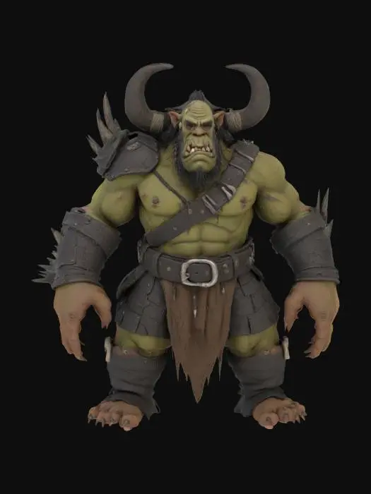 3D model for a full-body 3D model of an orc in a Claymation style, focusing on a dark and gritty aesthetic. The orc should be posed in an A-pose, showcasing exaggerated features typical of clay figures, including oversized muscles, distinct facial expressions, and textured clay-like surfaces. Incorporate details such as rugged clothing and accessories that reflect the quirky charm of the dark world, ensuring the model is suitable for animation and retains a menacing vibe. Irregular, Rough