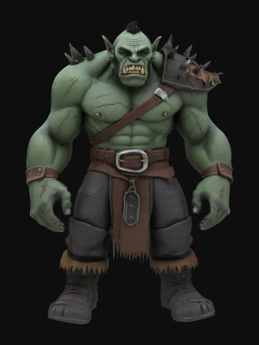 3D model for a full-body 3D model of an orc in a Claymation style, focusing on a dark and gritty aesthetic. The orc should be posed in an A-pose, showcasing exaggerated features typical of clay figures, including oversized muscles, distinct facial expressions, and textured clay-like surfaces. Incorporate details such as rugged clothing and accessories that reflect the quirky charm of the dark world, ensuring the model is suitable for animation and retains a menacing vibe. Irregular, Rough